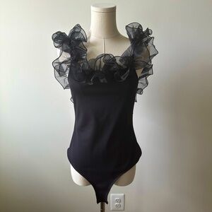 Free People Black Frill Bodysuit